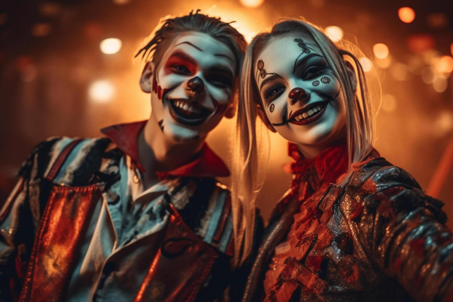 Teenagers friends in costumes celebrating and having fun at halloween party. Young people at costumes party halloween celebration concept by photo