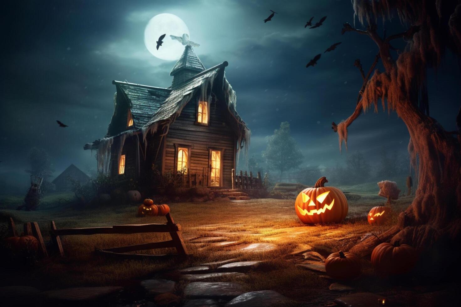 Scary pumpkin and house in night of full moon on halloween celebration concept. Spooky halloween background with pumpkin. Dirty house and pumpkin on halloween celebration concept by photo