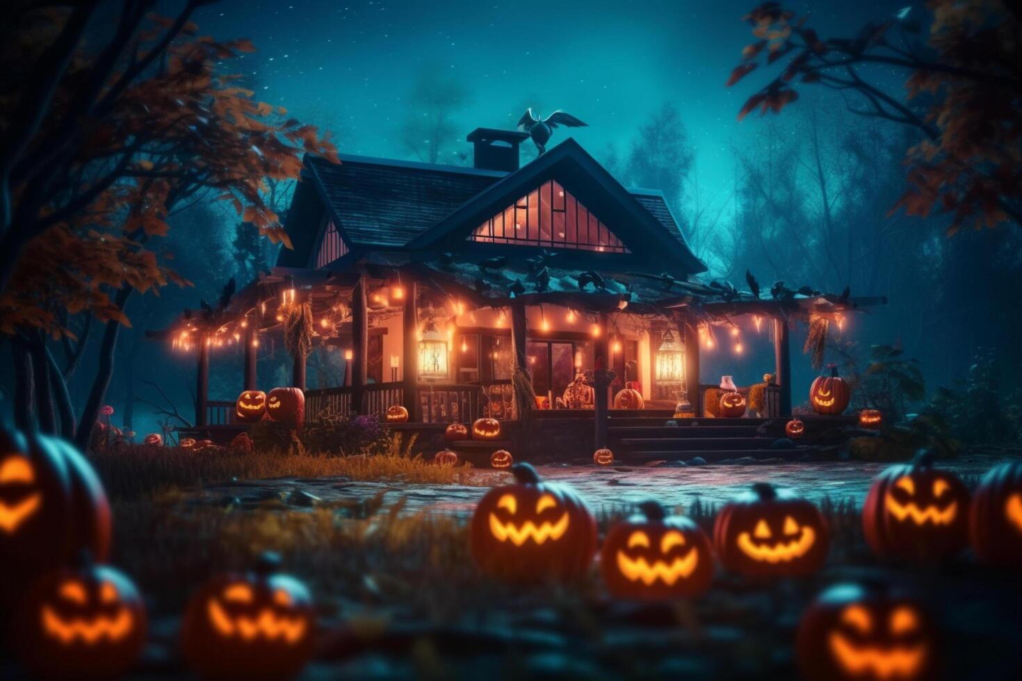 Haunted house on halloween celebration concept. Spooky house halloween background with deserted building and pumpkin. Scary house with creepy building at night by photo