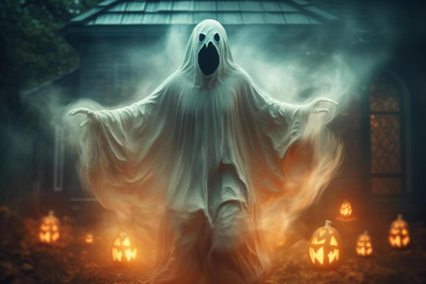 Human in spooky ghosts costume flying inside the old house or forest at night. Spooky halloween background with ghost. Ghost on halloween celebration concept by photo