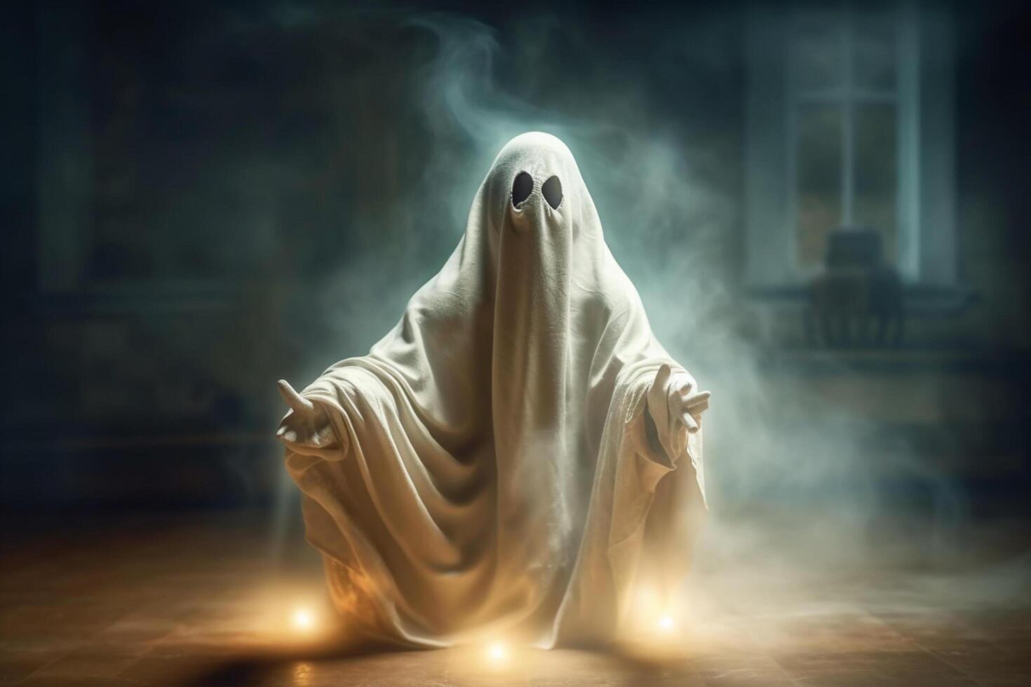 Human in spooky ghosts costume flying inside the old house or forest at night. Spooky halloween background with ghost. Ghost on halloween celebration concept by photo