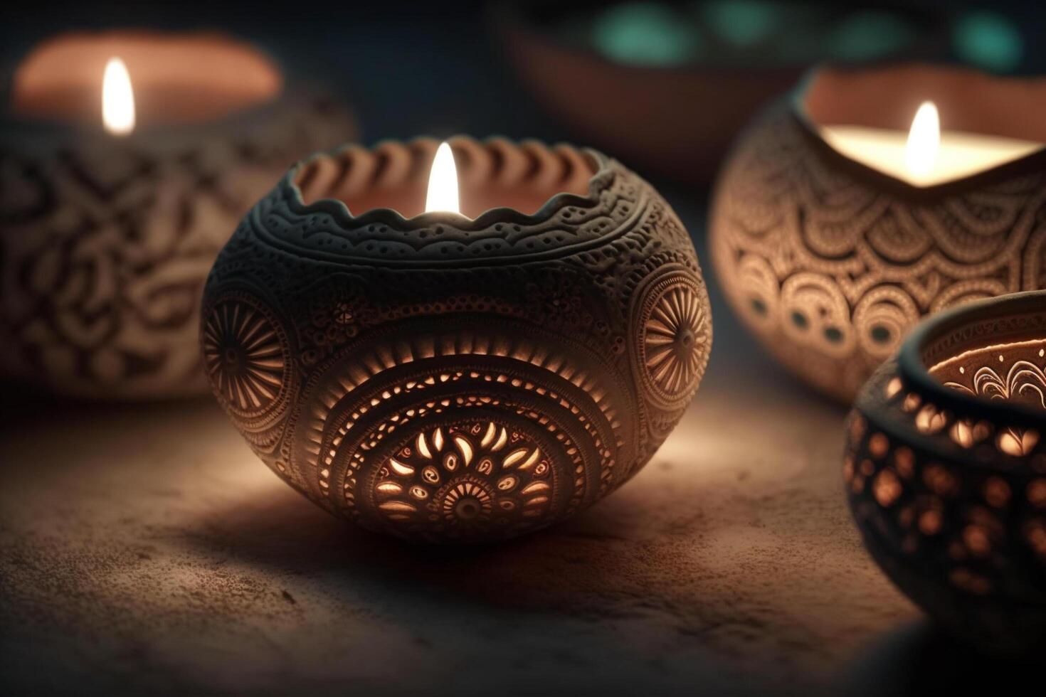Happy diwali or deepavali traditional indian festival with clay diya oil lamp. Indian hindu festival of light symbol with candle and light. Clay diya lamp lit during diwali celebration by photo