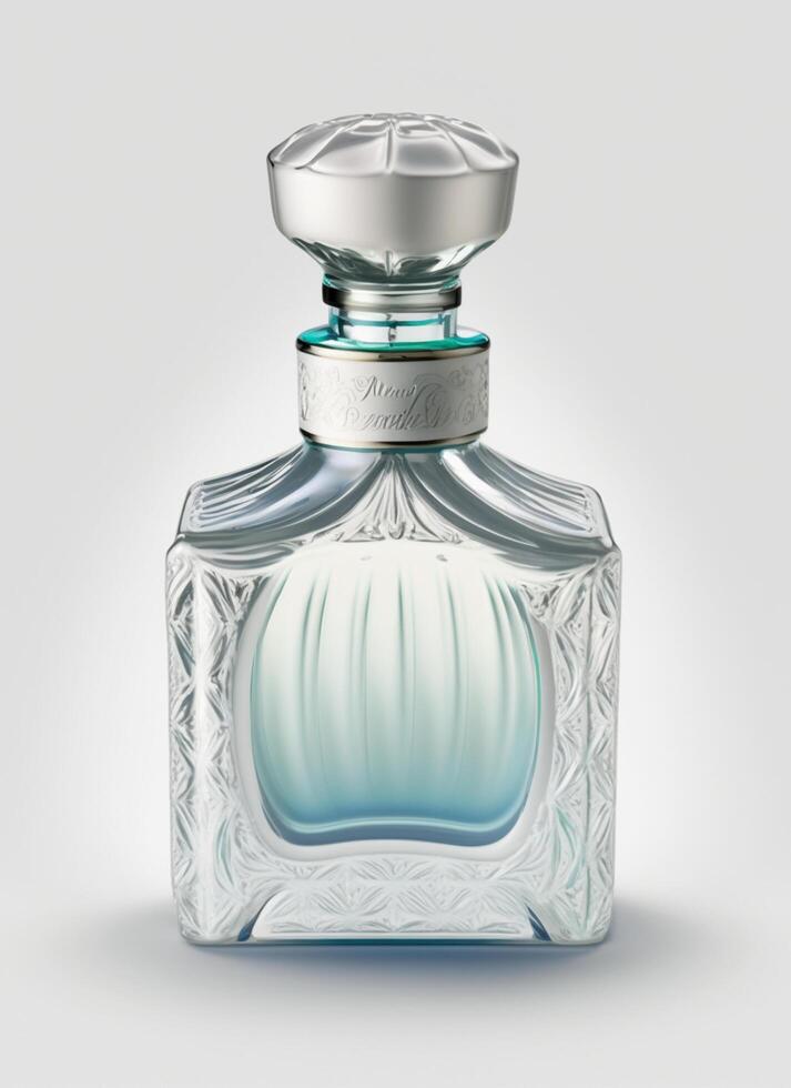 A high class bottle of glass perfume with light blue liquid. Aromatic perfume bottles on white background. Beauty product, cosmetic, perfume day, fragrance day or perfume launch event by photo