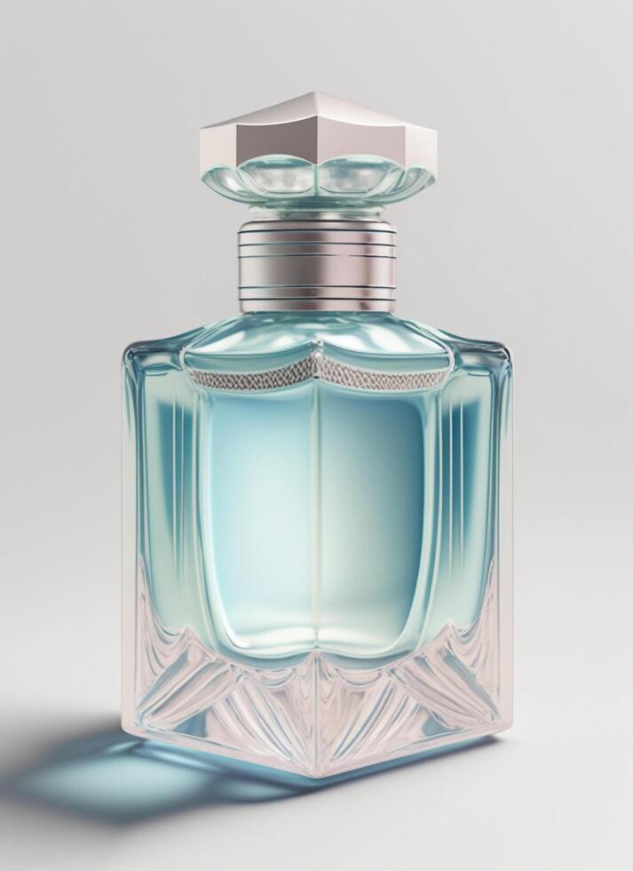 A high class bottle of glass perfume with light blue liquid. Aromatic perfume bottles on white background. Beauty product, cosmetic, perfume day, fragrance day or perfume launch event by photo