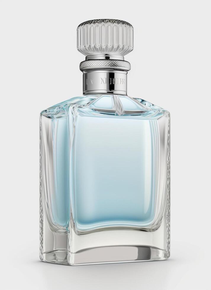 A high class bottle of glass perfume with light blue liquid. Aromatic perfume bottles on white background. Beauty product, cosmetic, perfume day, fragrance day or perfume launch event by photo