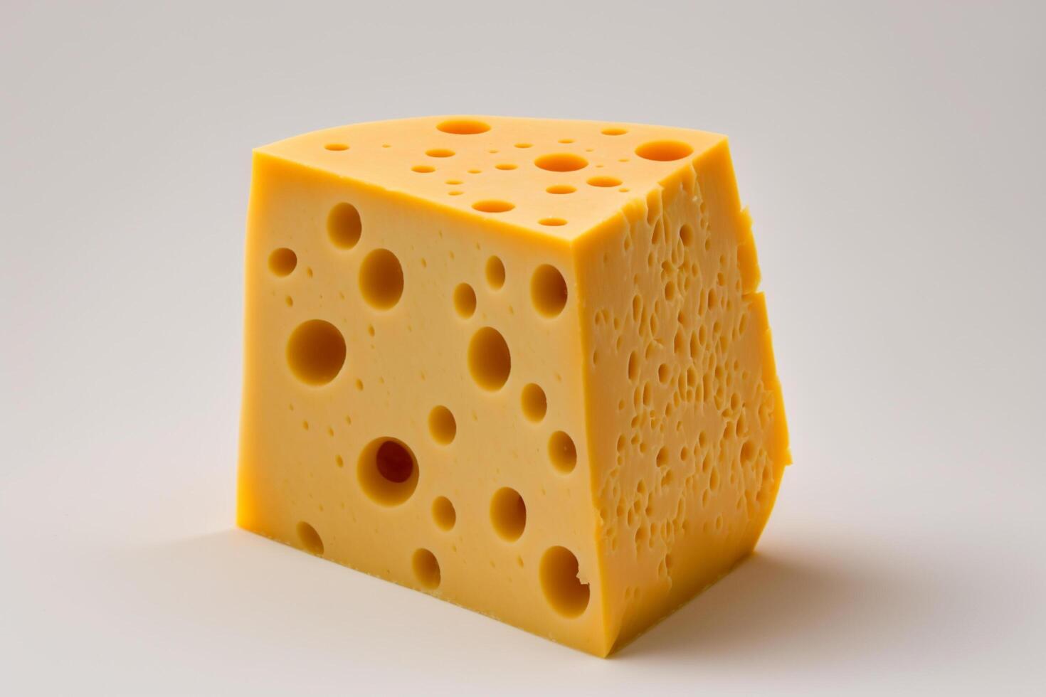 delicioso pedazo de queso Cheddar queso sin embalaje en blanco antecedentes. emmental queso cuña. suizo, italiano lechería Fresco orgánico producto. para queso festival comida o mundo queso día por ai generado foto
