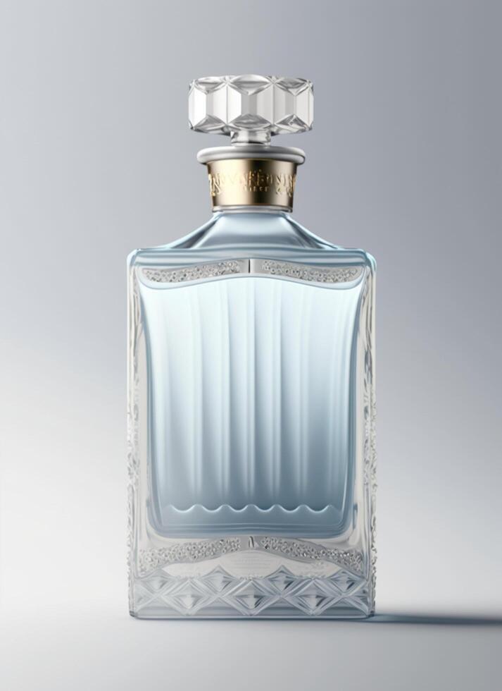 A high class bottle of glass perfume with light blue liquid. Aromatic perfume bottles on white background. Beauty product, cosmetic, perfume day, fragrance day or perfume launch event by photo