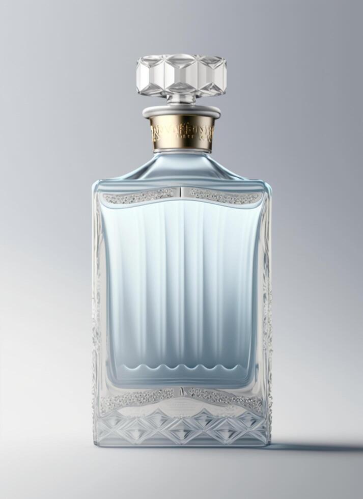 un alto clase botella de vaso perfume con ligero azul líquido. aromático perfume botellas en blanco antecedentes. belleza producto, cosmético, perfume día, fragancia día o perfume lanzamiento evento por ai generado foto