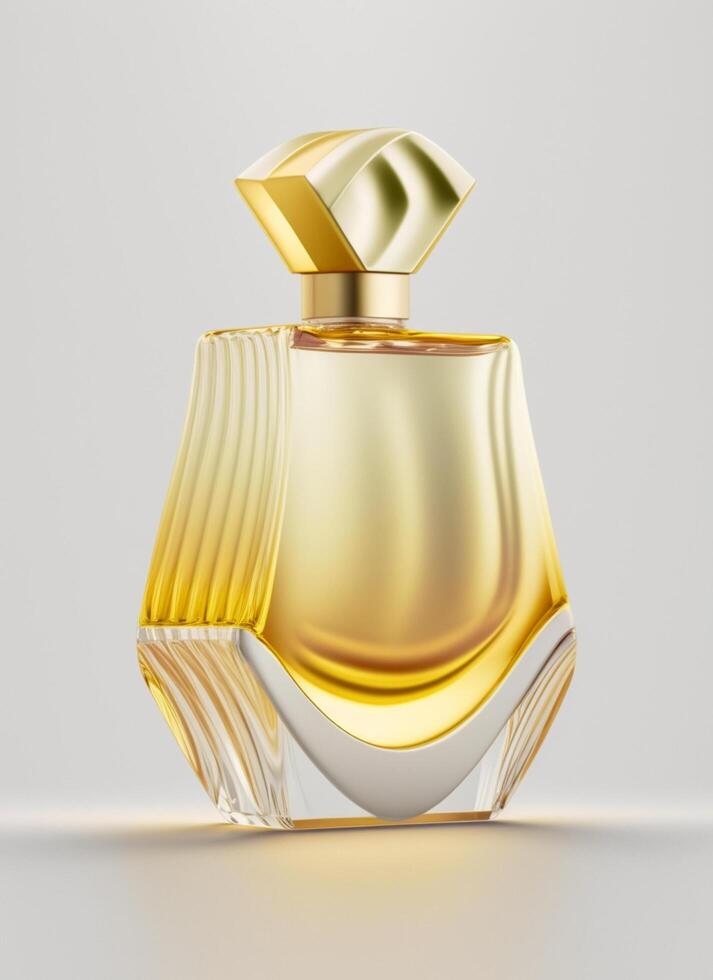 A high class bottle of glass perfume with yellow liquid. Aromatic perfume bottles on white background. For beauty product, cosmetic, perfume day, fragrance day or perfume launch event by photo