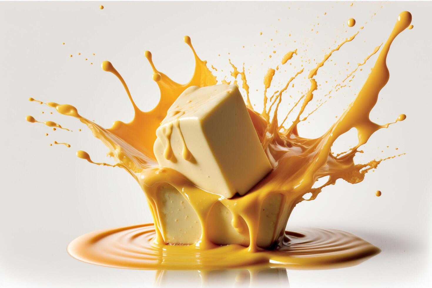 A delicious melting cheese splash in a realistic style. Hot cheese or cheddar splash. Tasty cheese liquid splash. Cheese sauce crown splash. For italian food, world cheese day, dessert by photo