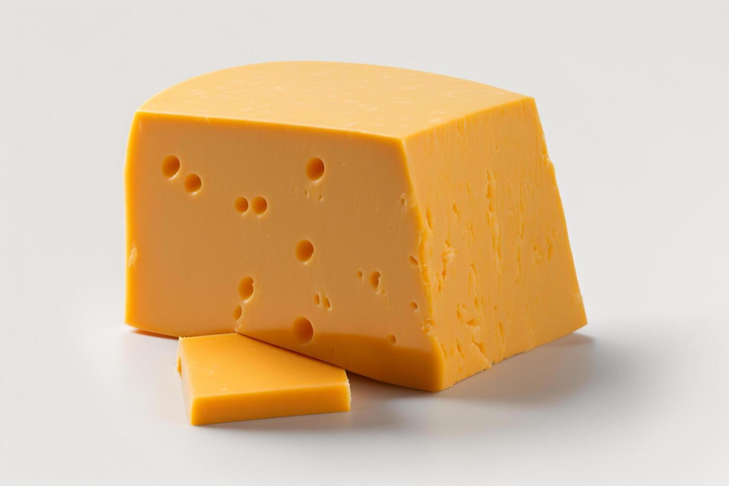 Delicious piece of cheddar cheese without packaging on white background. Emmental cheese wedge. Swiss, italian dairy fresh organic product. For cheese festival food or world cheese day by photo