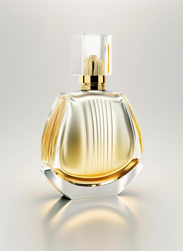 A high class bottle of glass perfume with yellow liquid. Aromatic perfume bottles on white background. For beauty product, cosmetic, perfume day, fragrance day or perfume launch event by photo