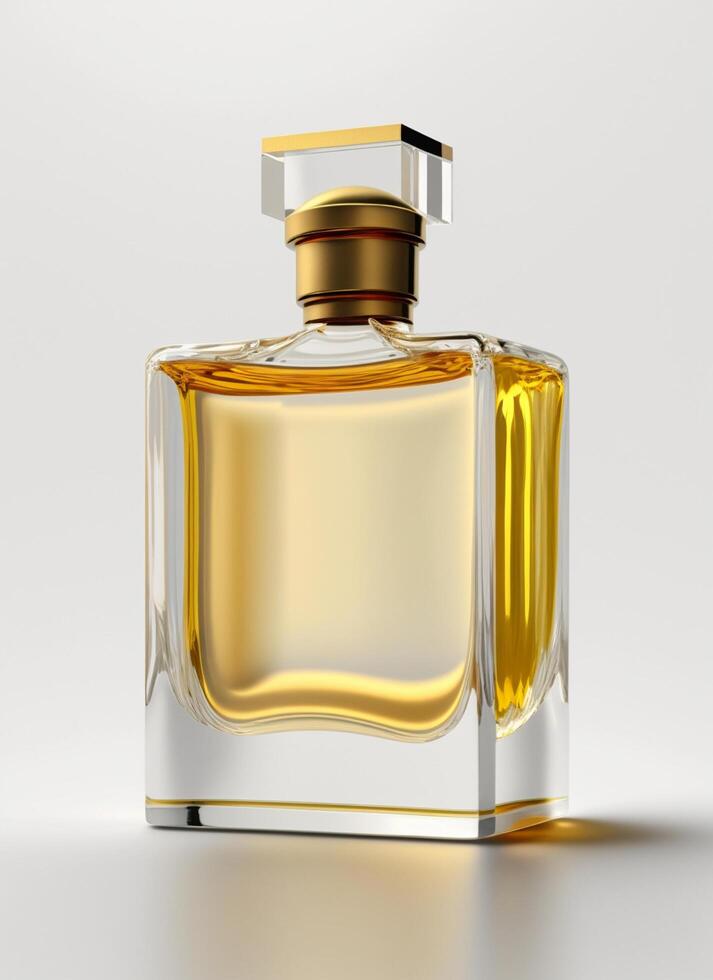 A high class bottle of glass perfume with yellow liquid. Aromatic perfume bottles on white background. For beauty product, cosmetic, perfume day, fragrance day or perfume launch event by photo