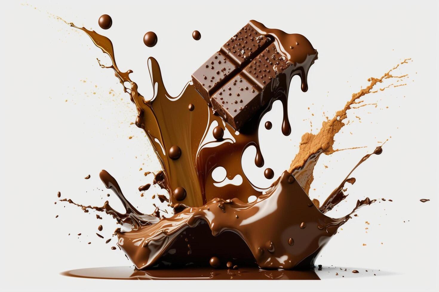 A delicious melting chocolate splash in a realistic style. Hot chocolate, cacao or coffee splash. Tasty chocolate liquid splash. Chocolate sauce crown splash. For chocolate day dessert by photo