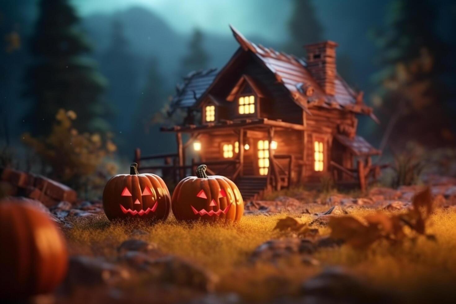 Scary pumpkin and house in night of full moon on halloween celebration concept. Spooky halloween background with pumpkin. Dirty house and pumpkin on halloween celebration concept by photo