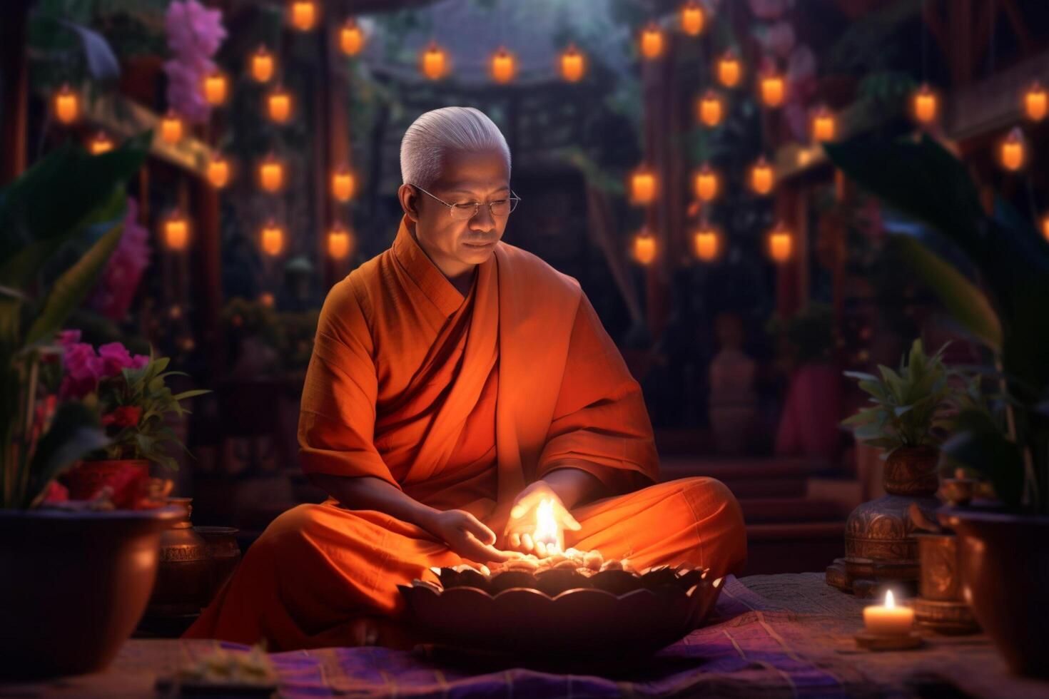 A buddha sits in a garden with a lotus and candles. Background for vesak festival celebration. Vesak day concept. Vesak celebration day greetings by photo