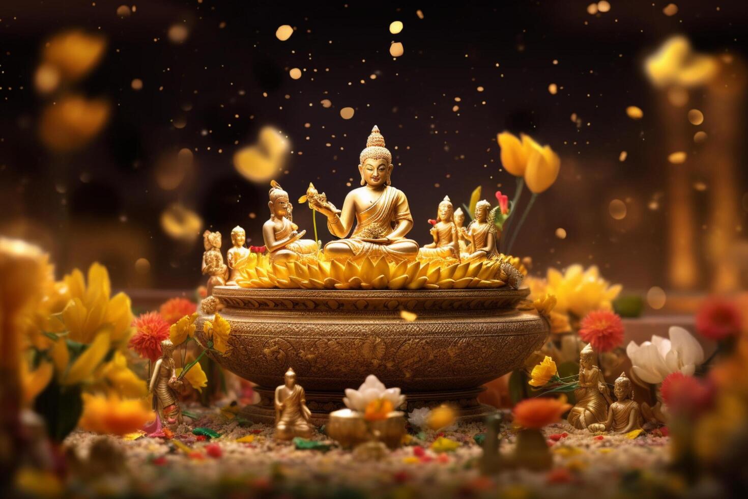 A buddha sits in a garden with a lotus and candles. Background for vesak festival celebration. Vesak day concept. Vesak celebration day greetings by photo