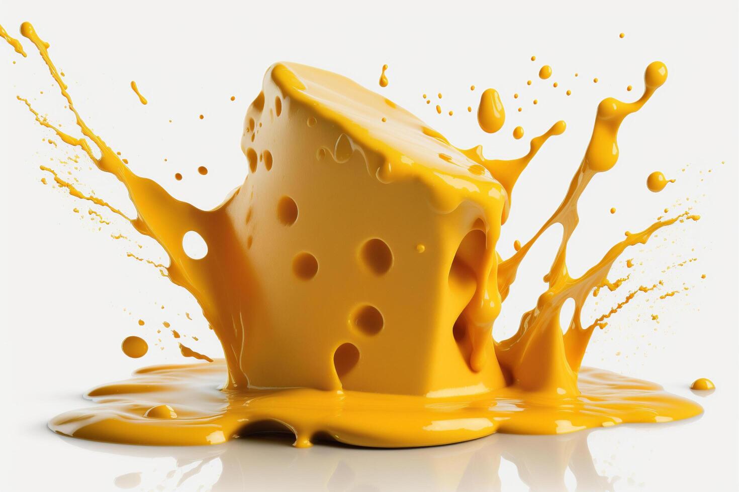 A delicious melting cheese splash in a realistic style. Hot cheese or cheddar splash. Tasty cheese liquid splash. Cheese sauce crown splash. For italian food, world cheese day, dessert by photo