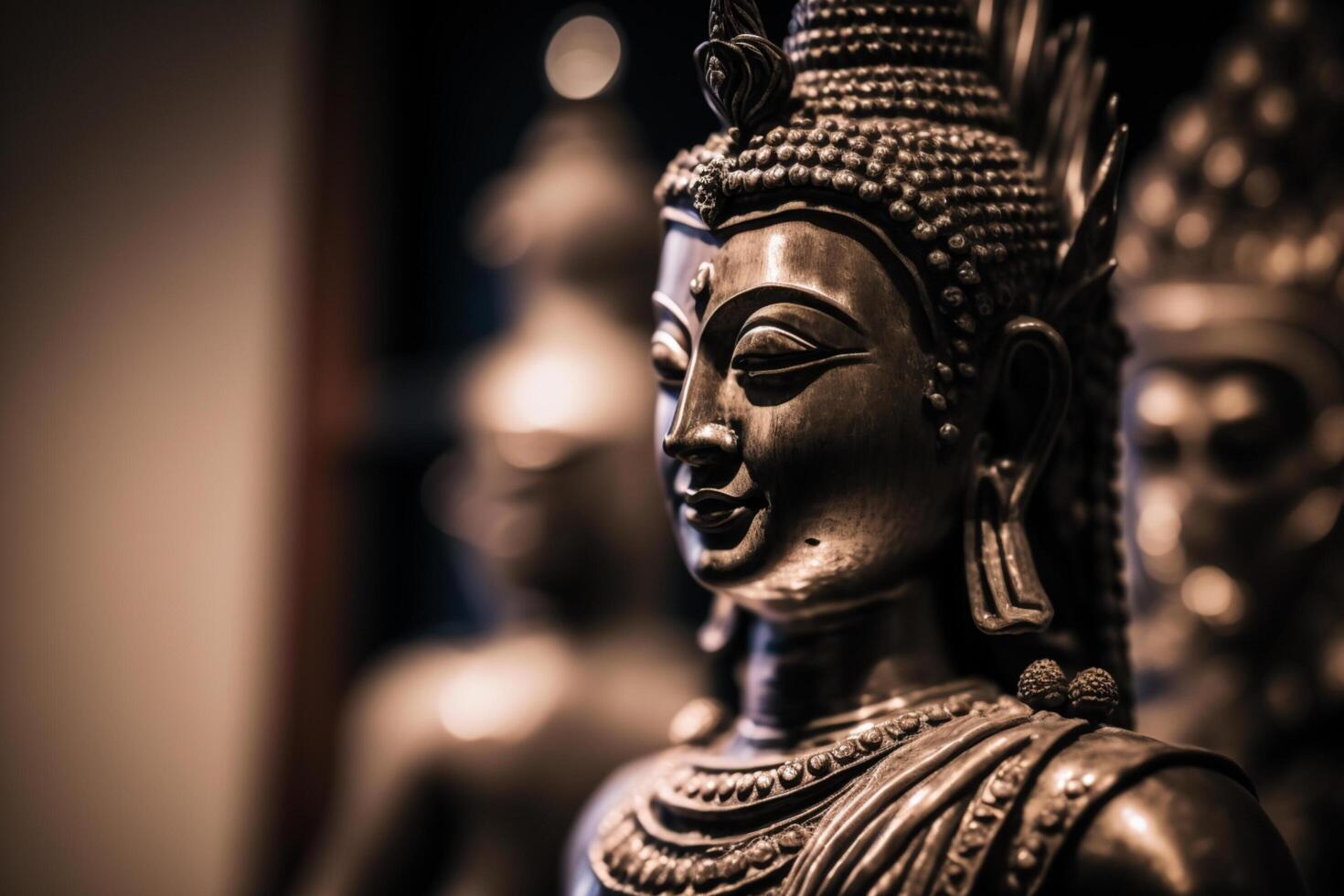 A thai buddha statue sits and meditating at buddhist temple. Ancient thailand buddha face. Background for vesak festival celebration. Vesak day concept. Vesak celebration day greetings by photo