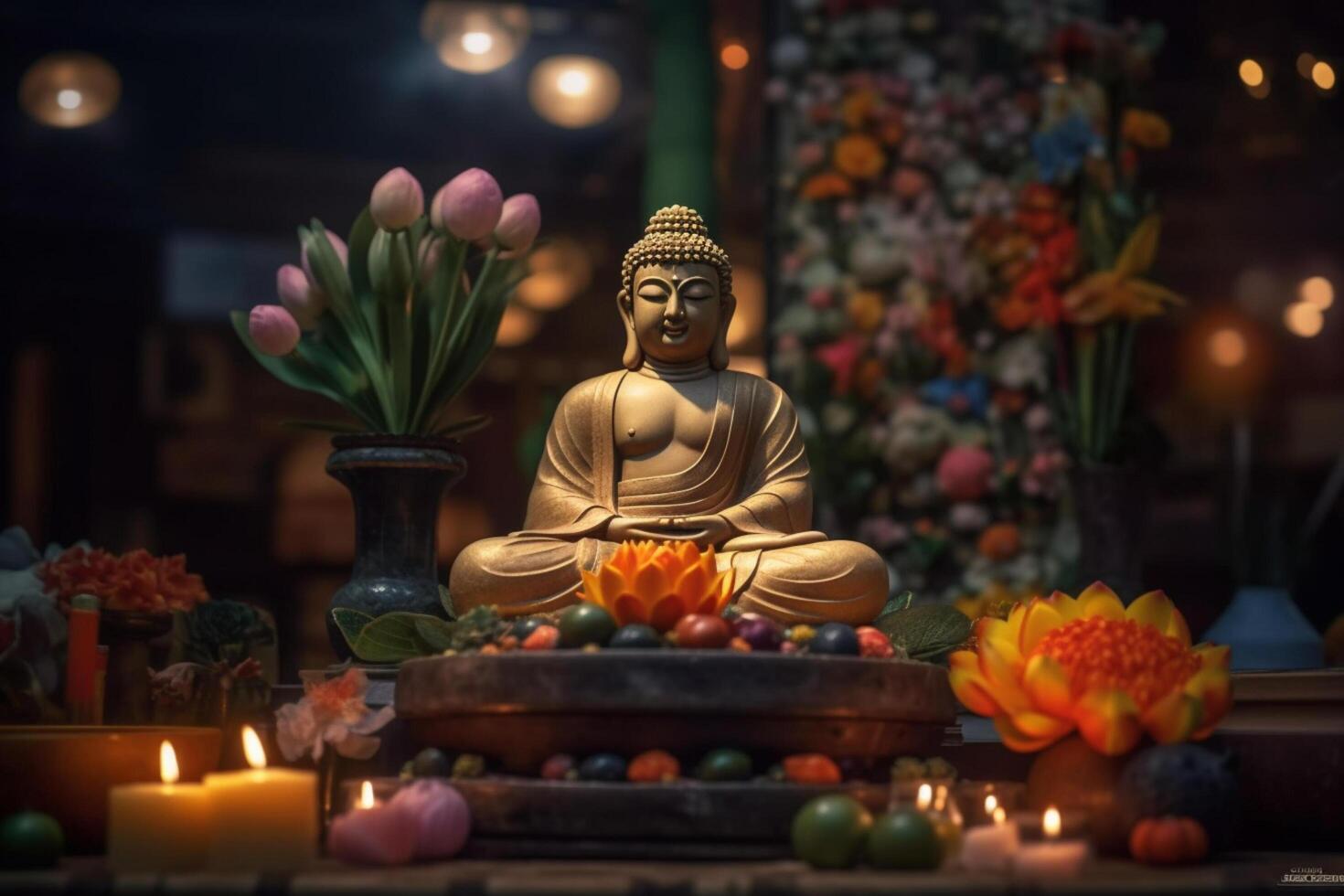 A buddha sits in a garden with a lotus and candles. Background for vesak festival celebration. Vesak day concept. Vesak celebration day greetings by photo