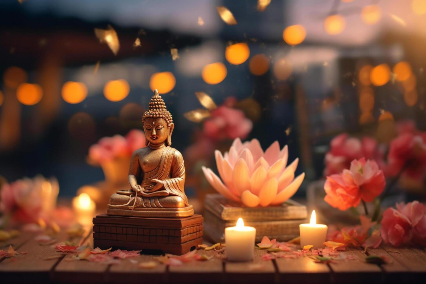 A buddha sits in a garden with a lotus and candles. Background for vesak festival celebration. Vesak day concept. Vesak celebration day greetings by photo