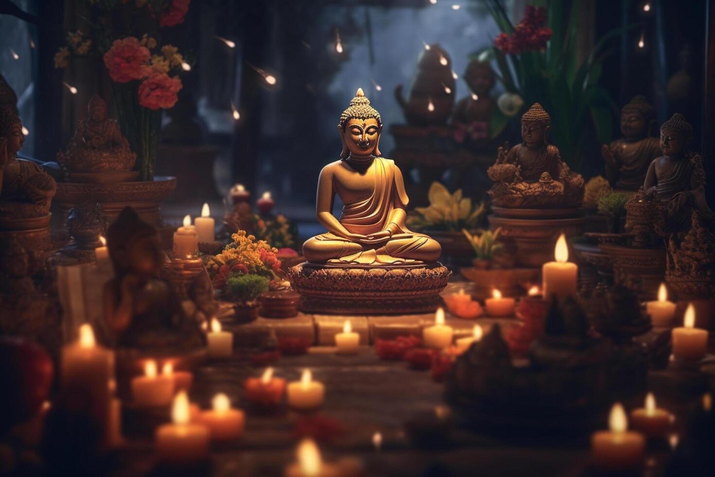 A buddha sits in a garden with a lotus and candles. Background for vesak festival celebration. Vesak day concept. Vesak celebration day greetings by photo