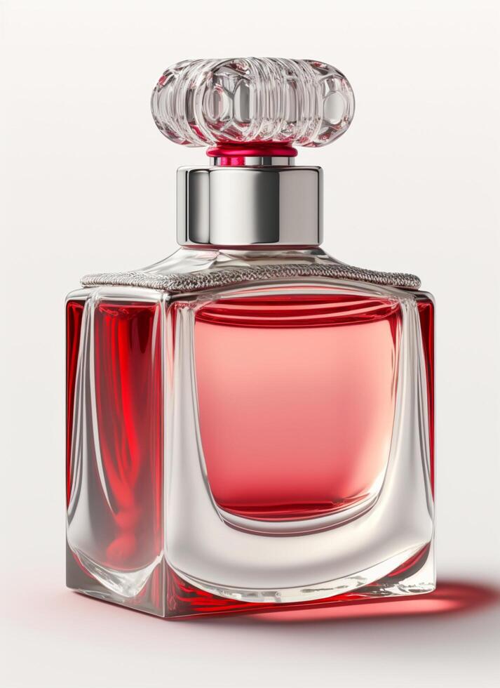 A high class bottle of glass perfume with light red liquid. Aromatic perfume bottles on white background. Beauty product, cosmetic, perfume day, fragrance day or perfume launch event by photo