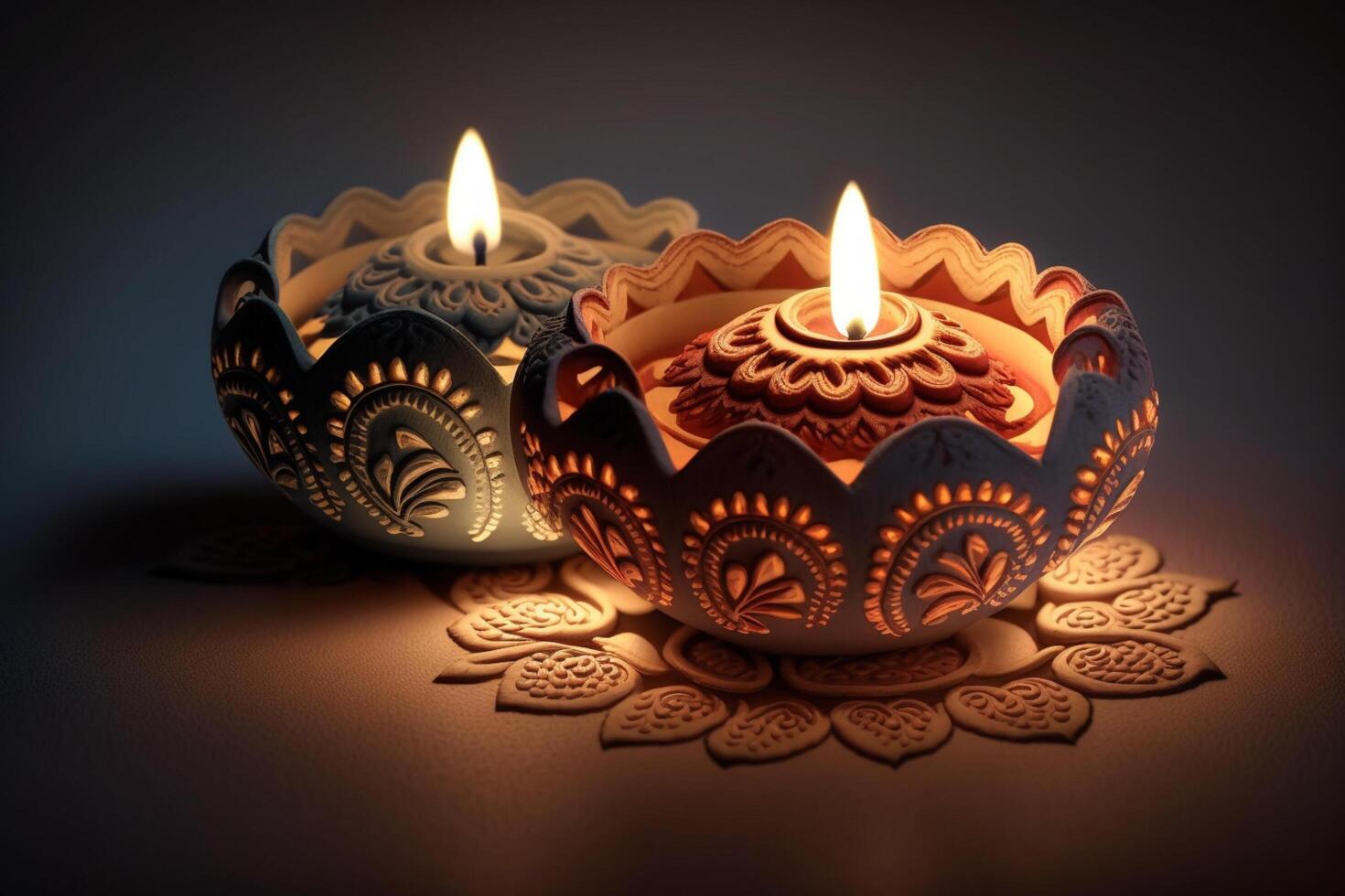 Happy diwali or deepavali traditional indian festival with clay diya oil lamp. Indian hindu festival of light symbol with candle and light. Clay diya lamp lit during diwali celebration by photo