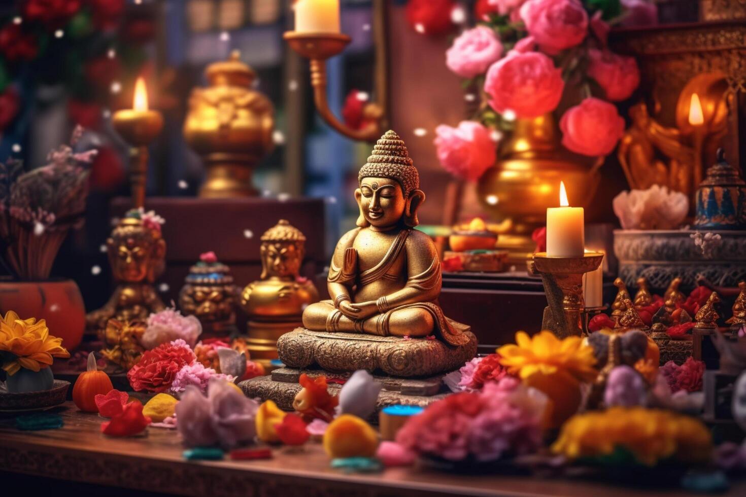 A buddha sits in a garden with a lotus and candles. Background for vesak festival celebration. Vesak day concept. Vesak celebration day greetings by photo