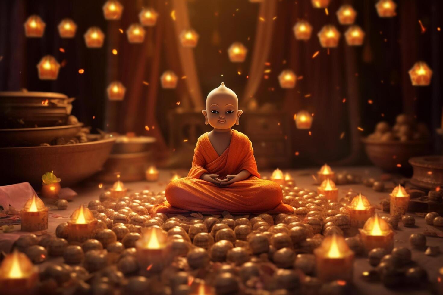 A buddha sits in a garden with a lotus and candles. Background for vesak festival celebration. Vesak day concept. Vesak celebration day greetings by photo