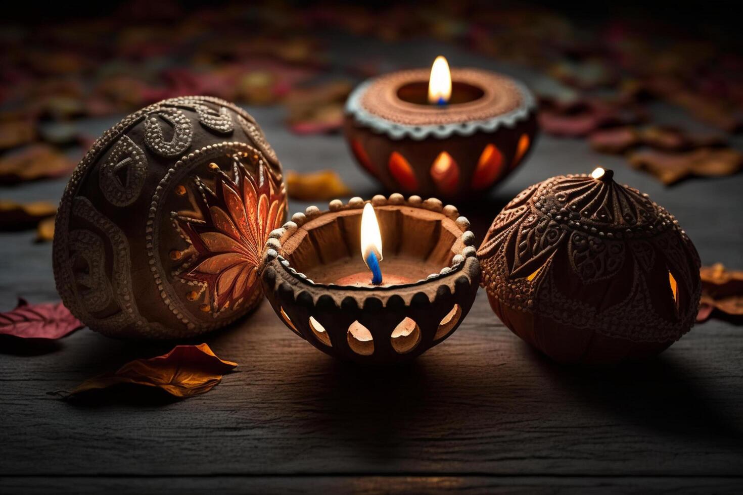 Happy diwali or deepavali traditional indian festival with clay diya oil lamp. Indian hindu festival of light symbol with candle and light. Clay diya lamp lit during diwali celebration by photo