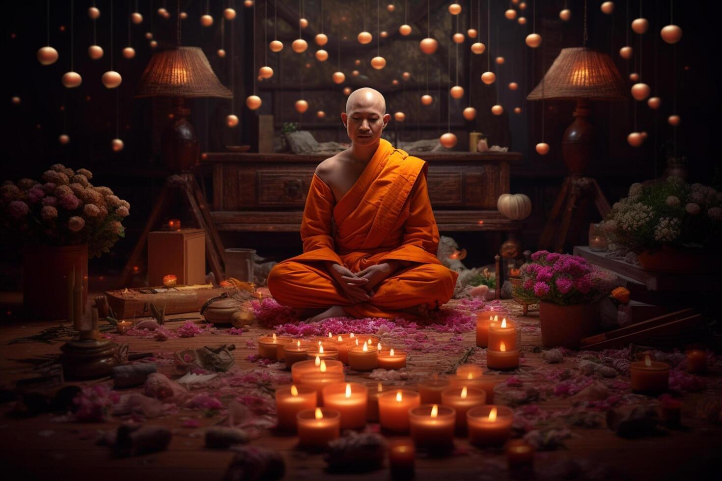 A buddha sits in a garden with a lotus and candles. Background for vesak festival celebration. Vesak day concept. Vesak celebration day greetings by photo