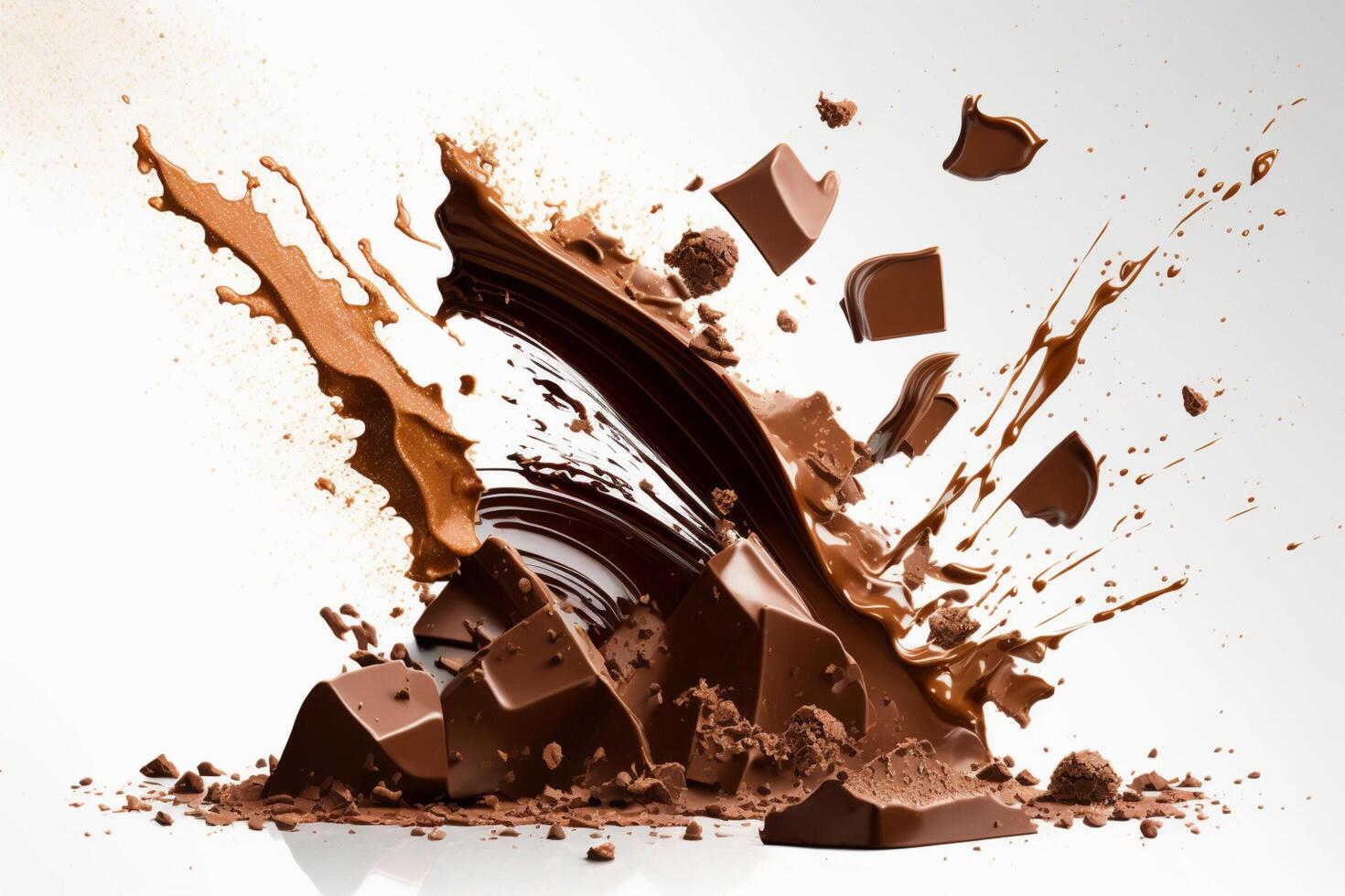 A delicious melting chocolate splash in a realistic style. Hot chocolate, cacao or coffee splash. Tasty chocolate liquid splash. Chocolate sauce crown splash. For chocolate day dessert by photo