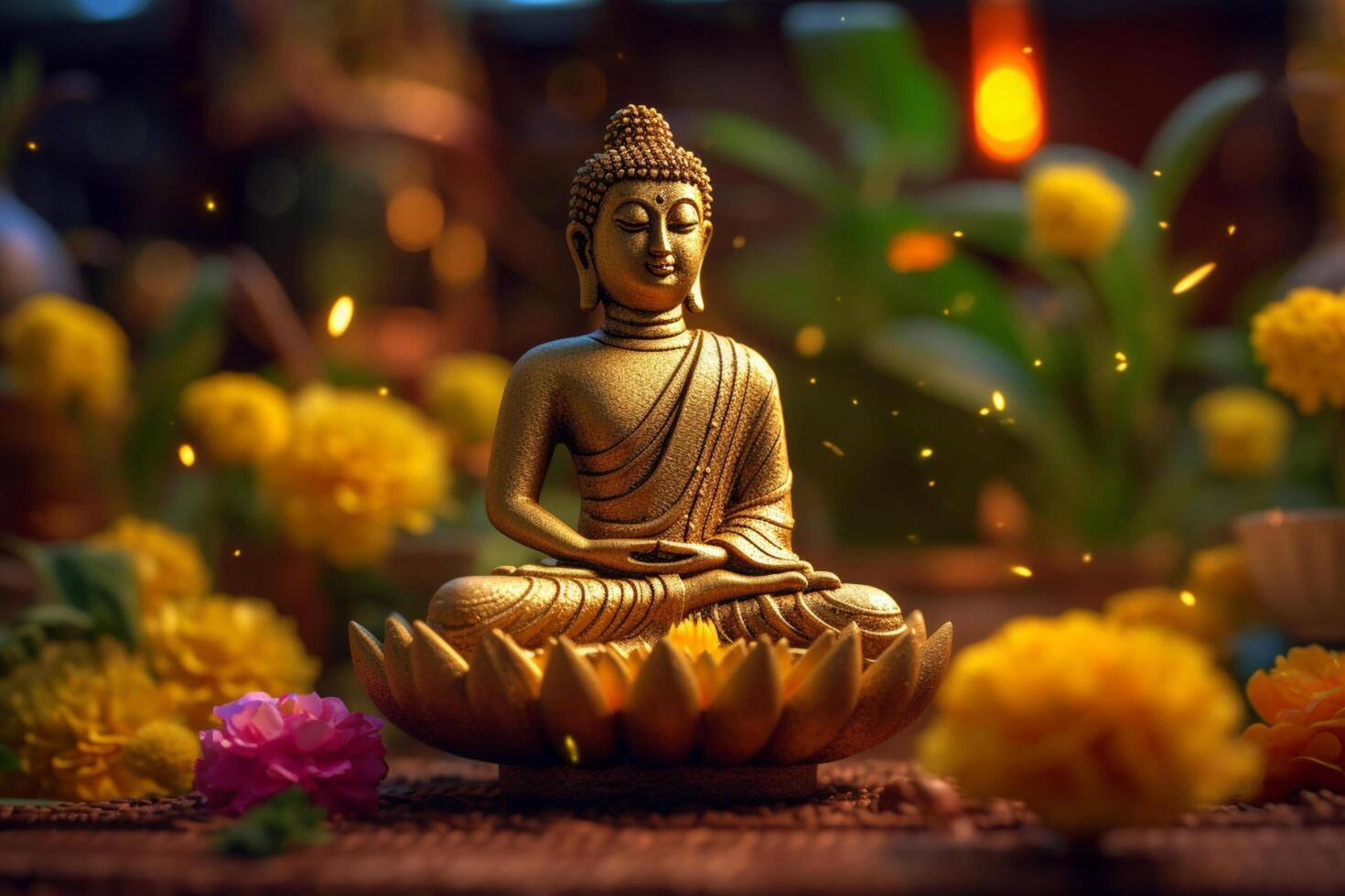 A buddha sits in a garden with a lotus and candles. Background for vesak festival celebration. Vesak day concept. Vesak celebration day greetings by photo