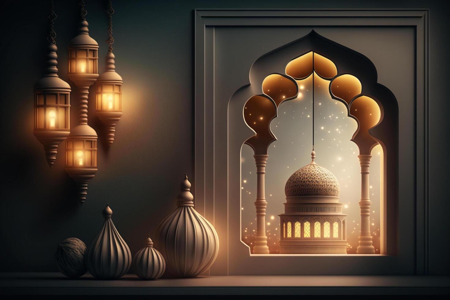 A windows depicts an islamic mosque at night with moon and lentern. In style of islamic city. Arched doorways. Eid al fitr background of window. Ramadan islamic lantern on a table by photo