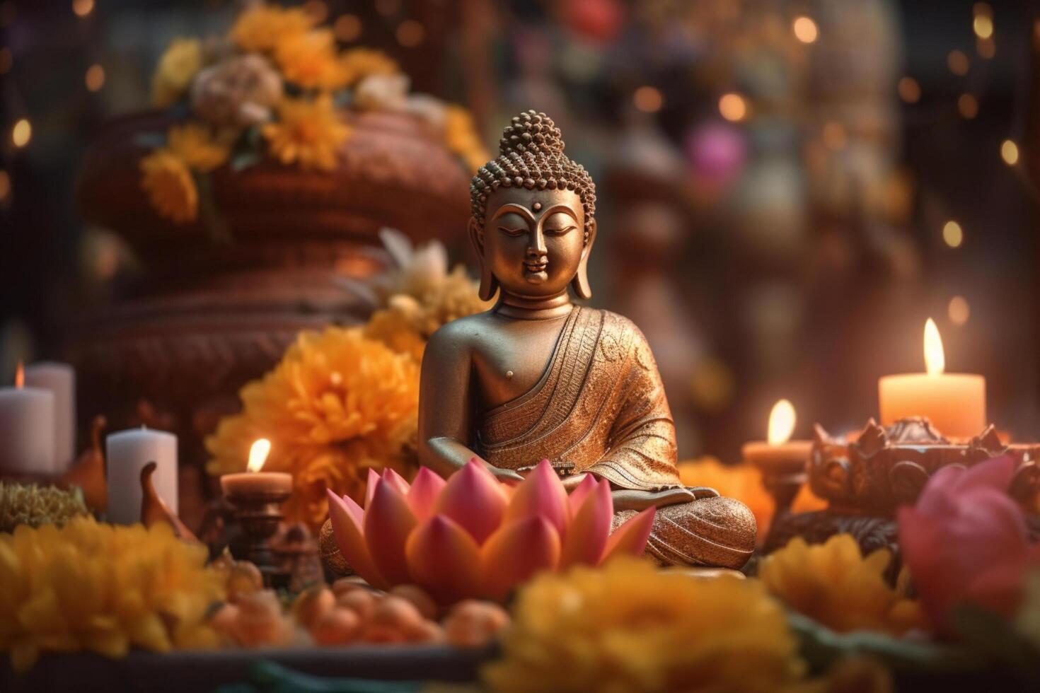 A buddha sits in a garden with a lotus and candles. Background for vesak festival celebration. Vesak day concept. Vesak celebration day greetings by photo