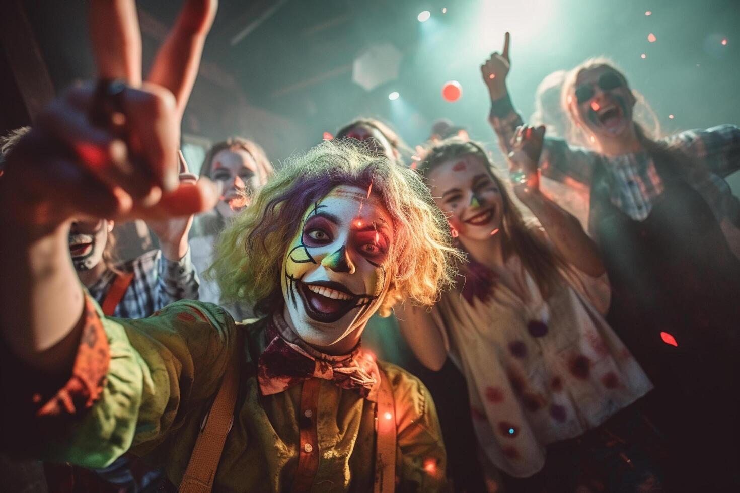 Teenagers friends in costumes celebrating and having fun at halloween party. Young people at costumes party halloween celebration concept by photo