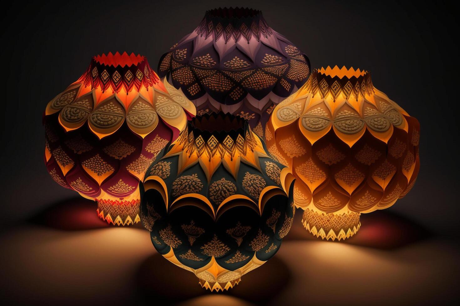 Happy diwali or deepavali traditional indian festival with lamp or sky lantern. Indian hindu festival of light with lamp or light. Night sky floating lanterns during diwali celebration by photo