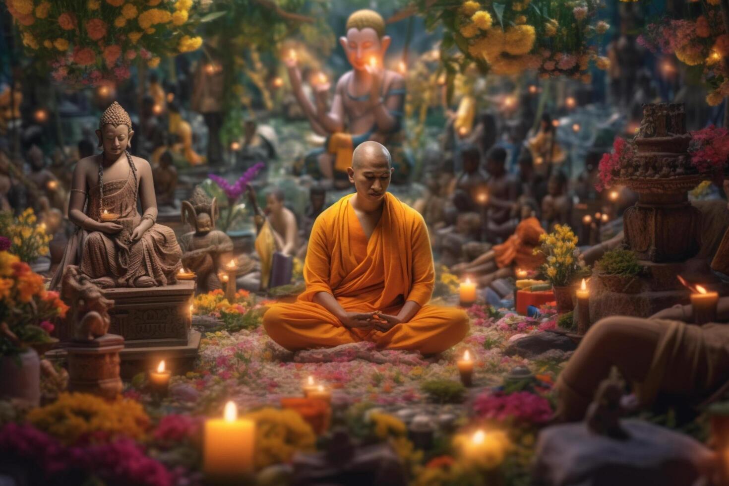 A buddha sits in a garden with a lotus and candles. Background for vesak festival celebration. Vesak day concept. Vesak celebration day greetings by photo