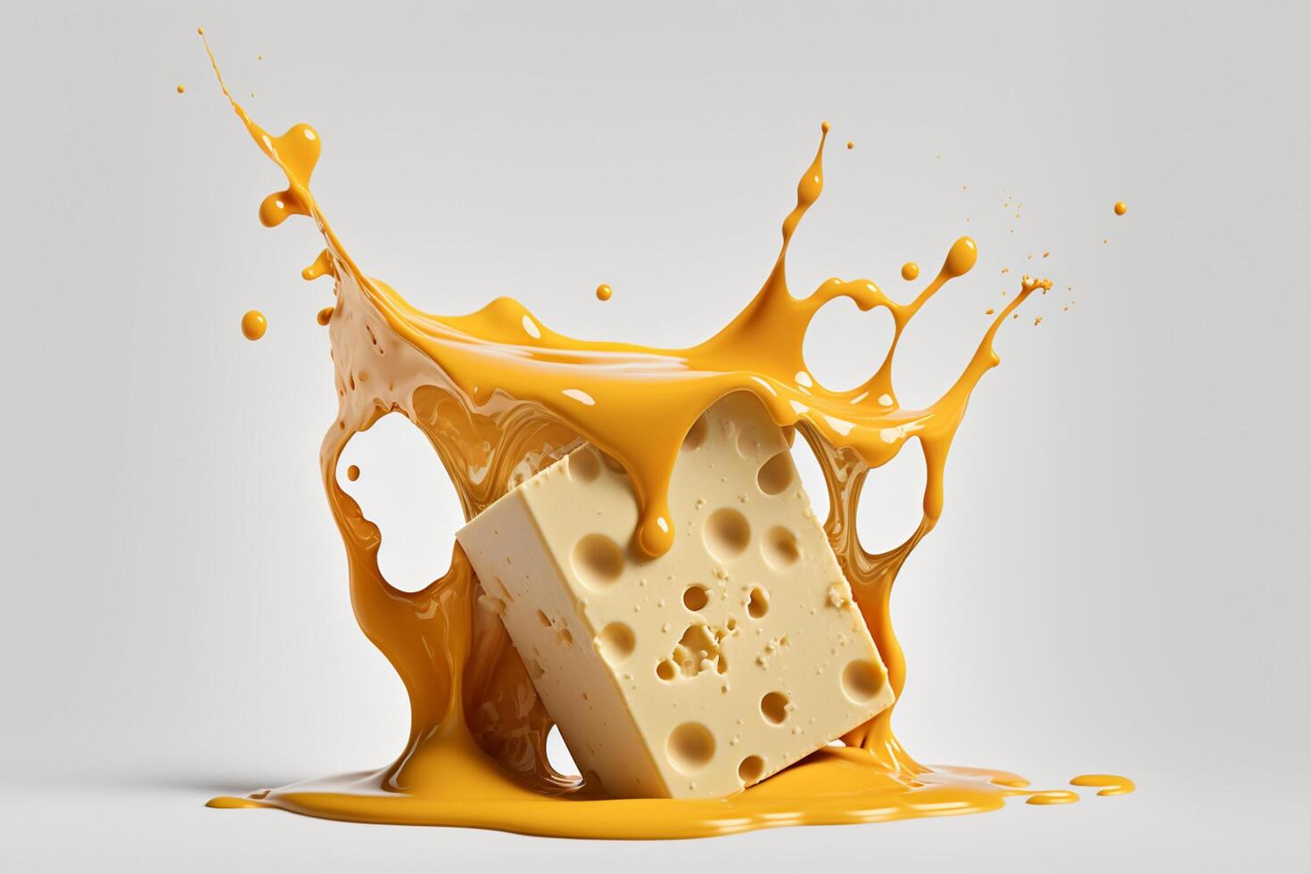 A delicious melting cheese splash in a realistic style. Hot cheese or cheddar splash. Tasty cheese liquid splash. Cheese sauce crown splash. For italian food, world cheese day, dessert by photo