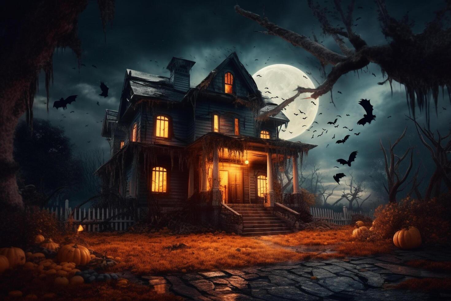 Haunted house on halloween celebration concept. Spooky house halloween background with deserted building and pumpkin. Scary house with creepy building at night by photo