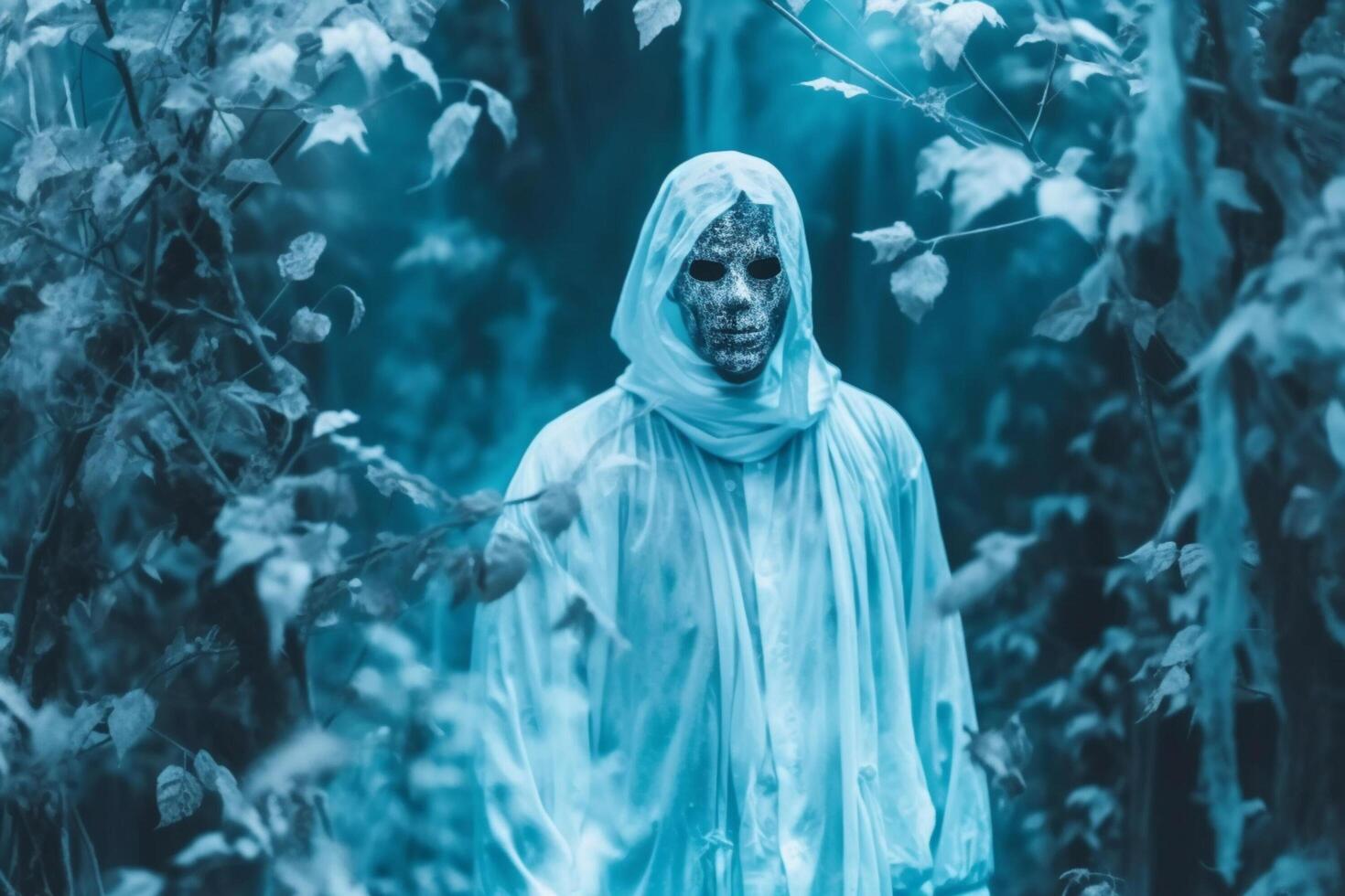 Human in spooky ghosts costume flying inside the old house or forest at night. Spooky halloween background with ghost. Ghost on halloween celebration concept by photo