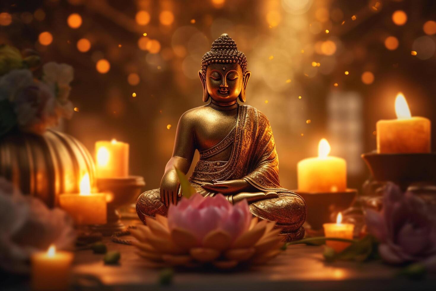 A buddha sits in a garden with a lotus and candles. Background for vesak festival celebration. Vesak day concept. Vesak celebration day greetings by photo