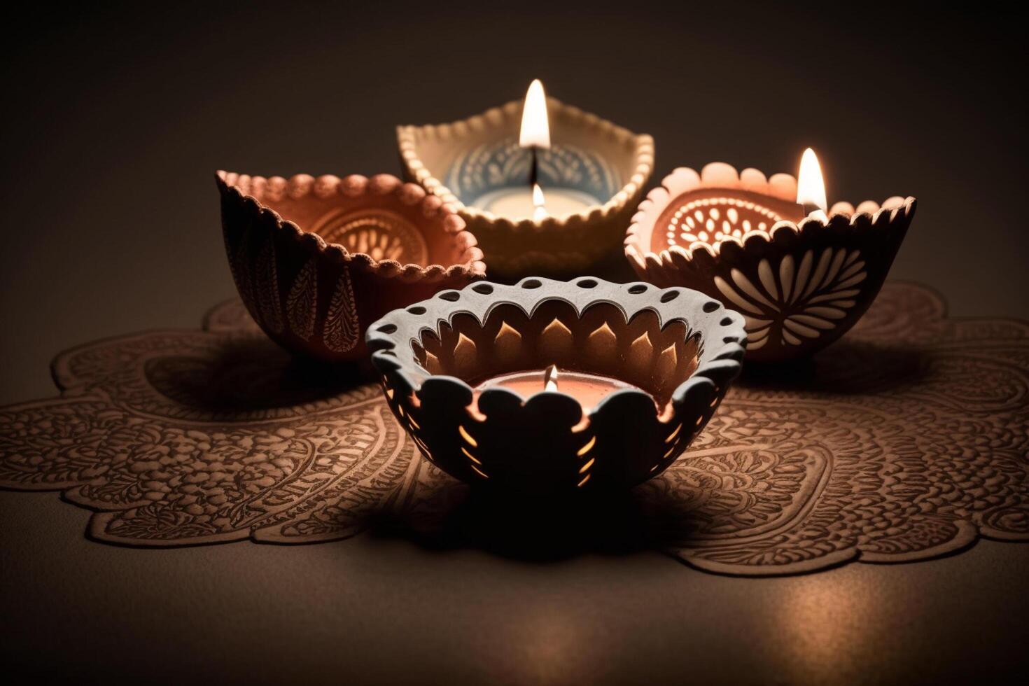 Happy diwali or deepavali traditional indian festival with clay diya oil lamp. Indian hindu festival of light symbol with candle and light. Clay diya lamp lit during diwali celebration by photo