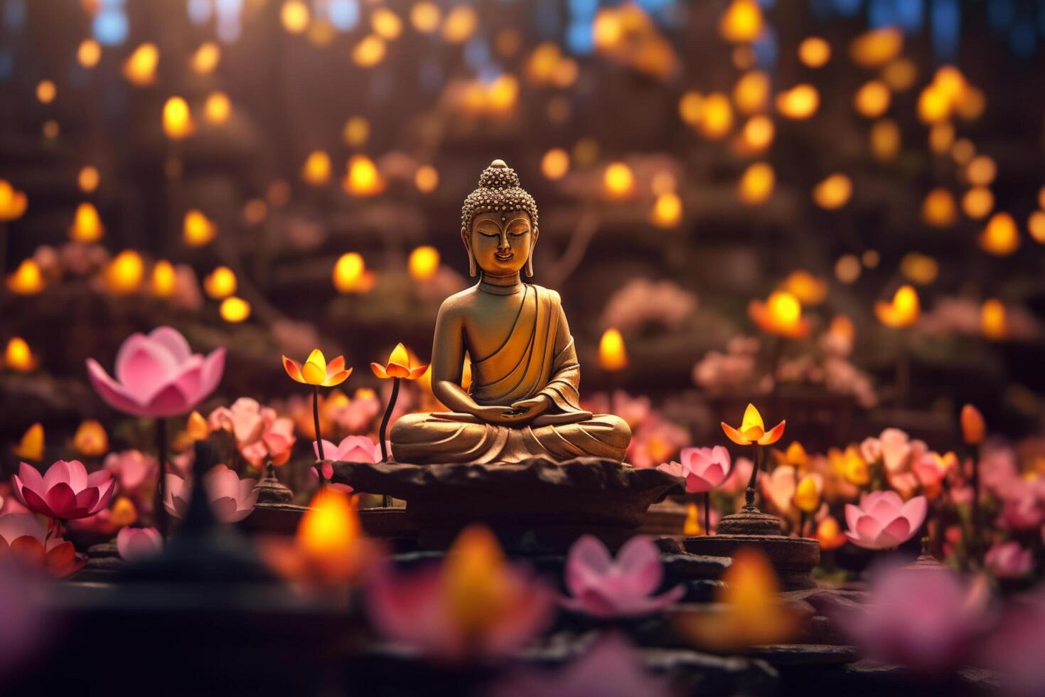 A buddha sits in a garden with a lotus and candles. Background for vesak festival celebration. Vesak day concept. Vesak celebration day greetings by photo