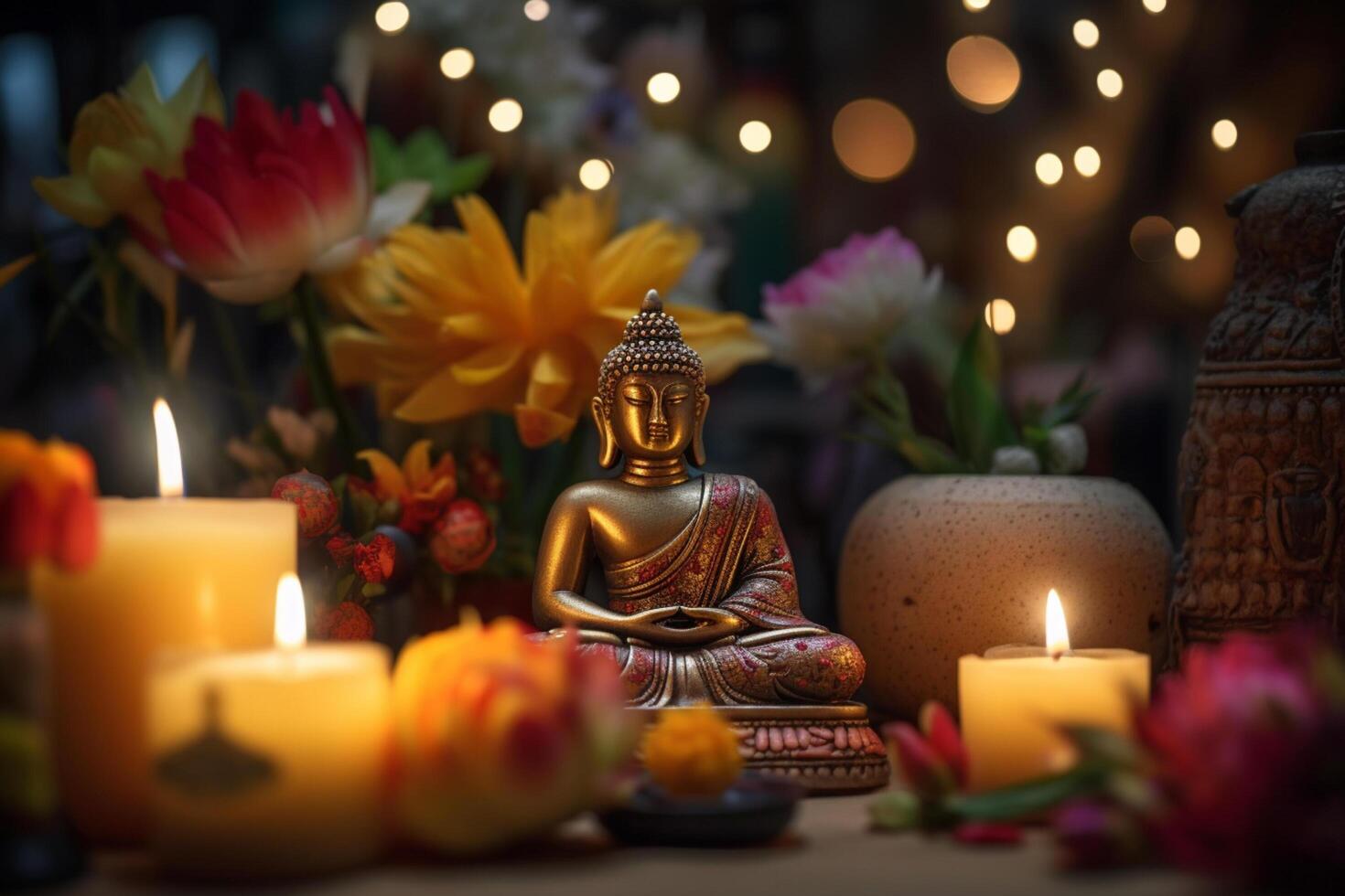 A buddha sits in a garden with a lotus and candles. Background for vesak festival celebration. Vesak day concept. Vesak celebration day greetings by photo