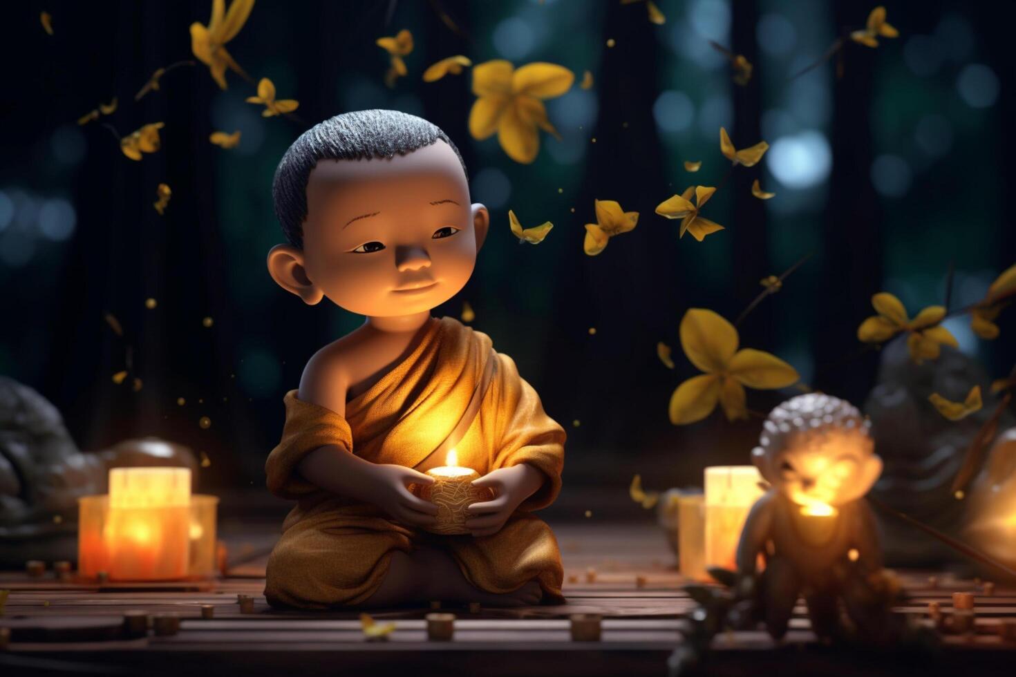 A buddha sits in a garden with a lotus and candles. Background for vesak festival celebration. Vesak day concept. Vesak celebration day greetings by photo