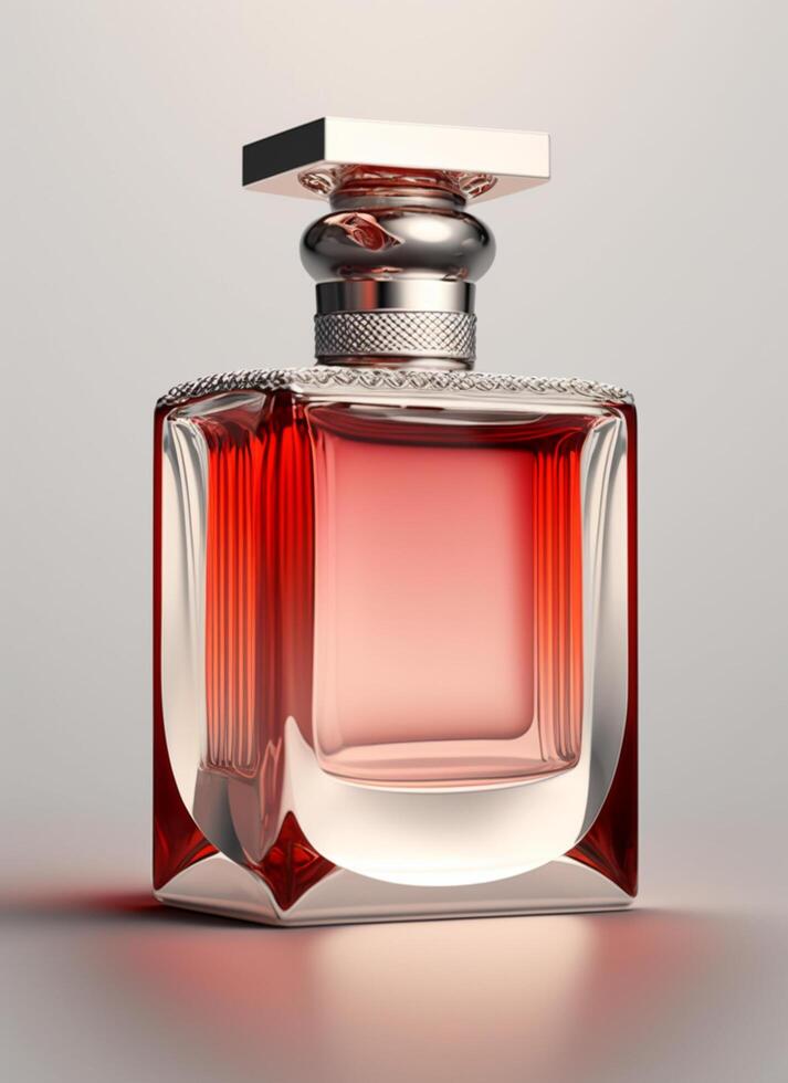 A high class bottle of glass perfume with light red liquid. Aromatic perfume bottles on white background. Beauty product, cosmetic, perfume day, fragrance day or perfume launch event by photo
