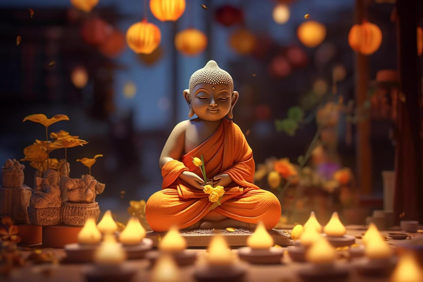 A buddha sits in a garden with a lotus and candles. Background for vesak festival celebration. Vesak day concept. Vesak celebration day greetings by photo