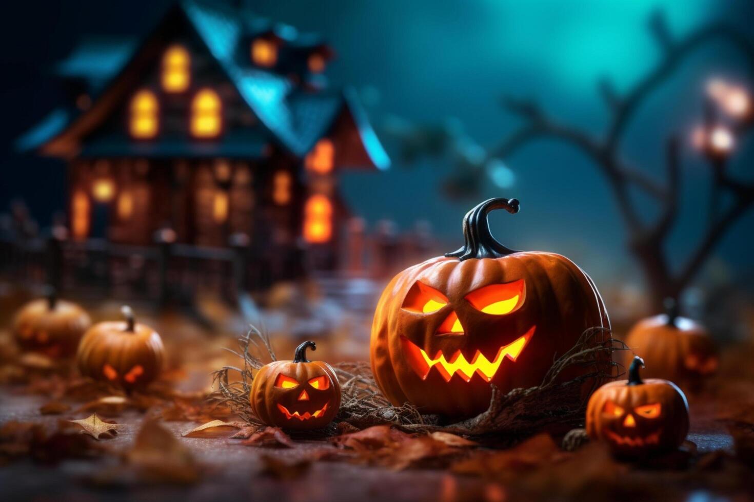 Scary pumpkin and house in night of full moon on halloween celebration concept. Spooky halloween background with pumpkin. Dirty house and pumpkin on halloween celebration concept by photo